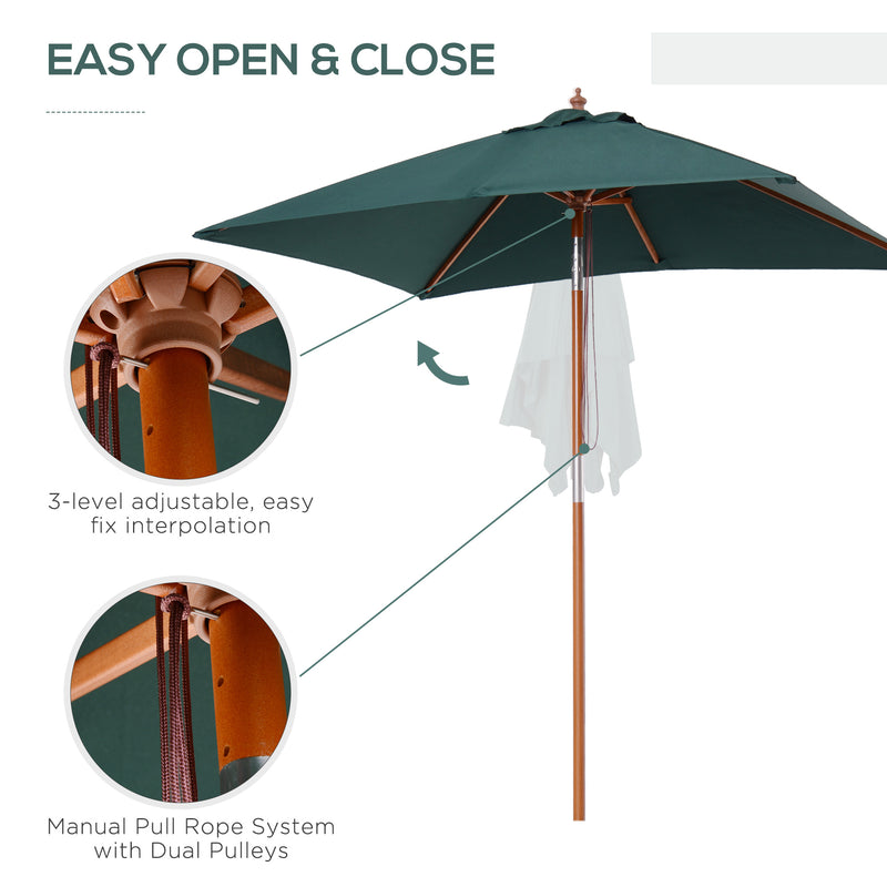 Outsunny - 6.6x5ft Square Market Parasol, Wooden Patio Umbrella with Tilt Mechanism and 6 Bamboo Ribs, Garden Sunshade, Green — 84D-017GN