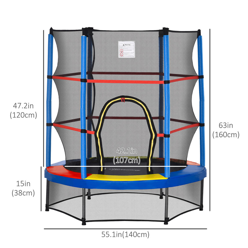 Aosom 55" Kids Trampoline with Enclosure Net for Indoor/Outdoor, Trampoline for Boys and Girls Age 3-6 Years, Multi-Coloured