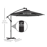 9.5' Offset Patio Umbrella Garden Parasol with Solar LED Lights and Weights, Dark Grey
