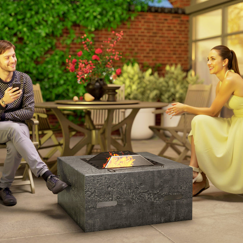Outsunny - Fire Pit with Fire Poker, Wood Burning Firepit for Outside with Mesh Lid, Magnesium Oxide Stone Texture, Charcoal Grey
