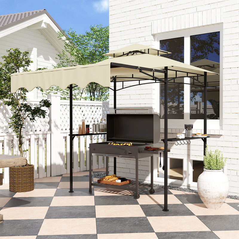 Outsunny - 8' x 7.6' Grill Gazebo, Double Tiered Barbecue Grill Gazebo Shelter w/ Side Awning, 2 Side Shelves, 6 Hooks, Beige