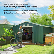 11' x 13' Practical Backyard Garden Storage Tool Shed with Double Sliding Door Garden Tool Shed with 4 Ventilation Slots, Green