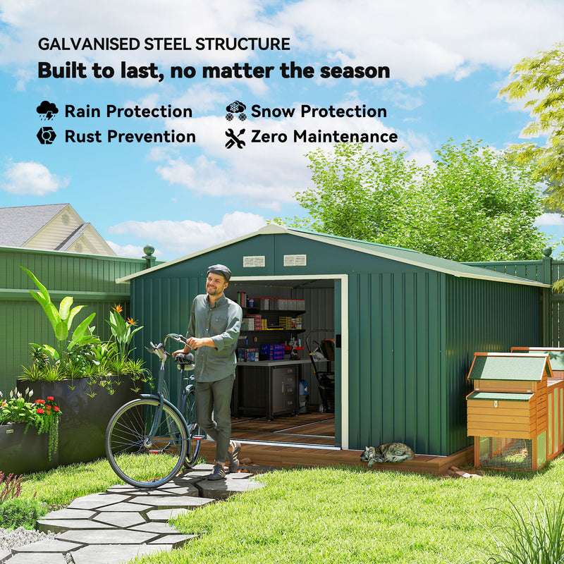 11' x 13' Practical Backyard Garden Storage Tool Shed with Double Sliding Door Garden Tool Shed with 4 Ventilation Slots, Green
