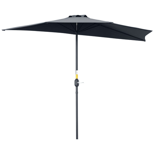 Outsunny - 9ft Half Round Patio Umbrella, Outdoor Market Patio Table Umbrella Parasol with Crank Mechanism, 5 Ribs, Grey