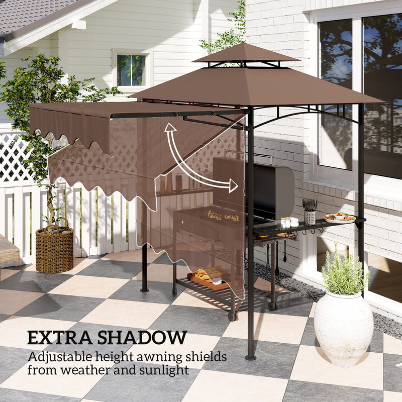 Outsunny - 8' x 7.6' Grill Gazebo, Double Tiered Barbecue Grill Gazebo Shelter w/ Side Awning, 2 Side Shelves, 6 Hooks, Brown