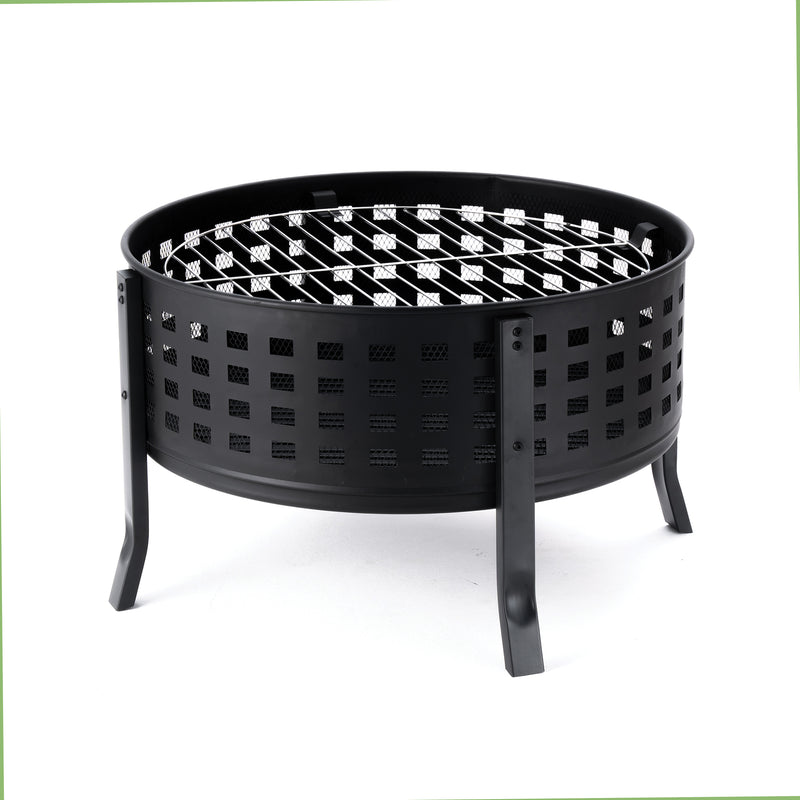 Deko Living - 27 Inch Round Outdoor Steel Wood Burning Fire Pit with Cooking Grill and Spark Screen