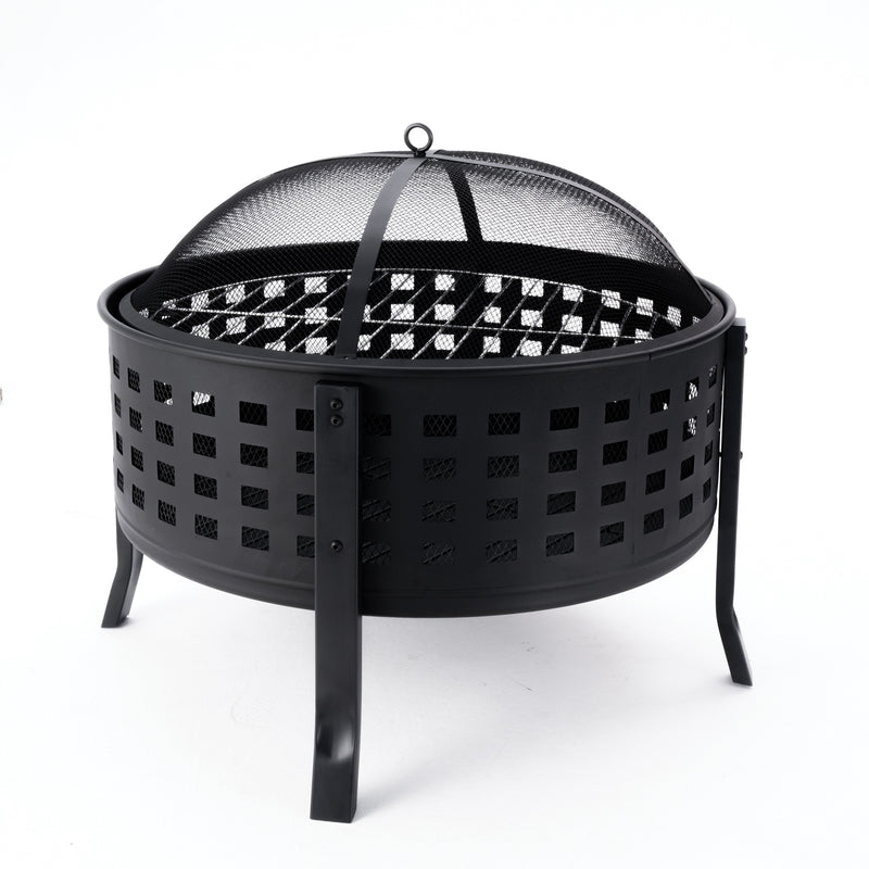 Deko Living - 27 Inch Round Outdoor Steel Wood Burning Fire Pit with Cooking Grill and Spark Screen