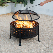 Deko Living - 27 Inch Round Outdoor Steel Wood Burning Fire Pit with Cooking Grill and Spark Screen