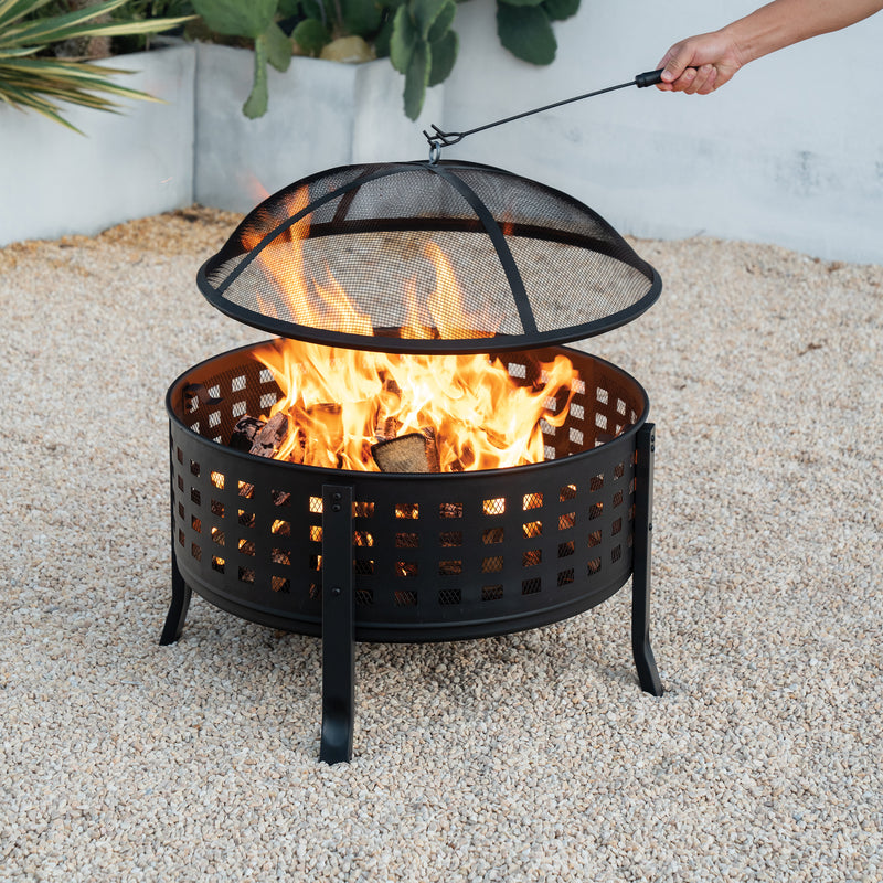 Deko Living - 27 Inch Round Outdoor Steel Wood Burning Fire Pit with Cooking Grill and Spark Screen