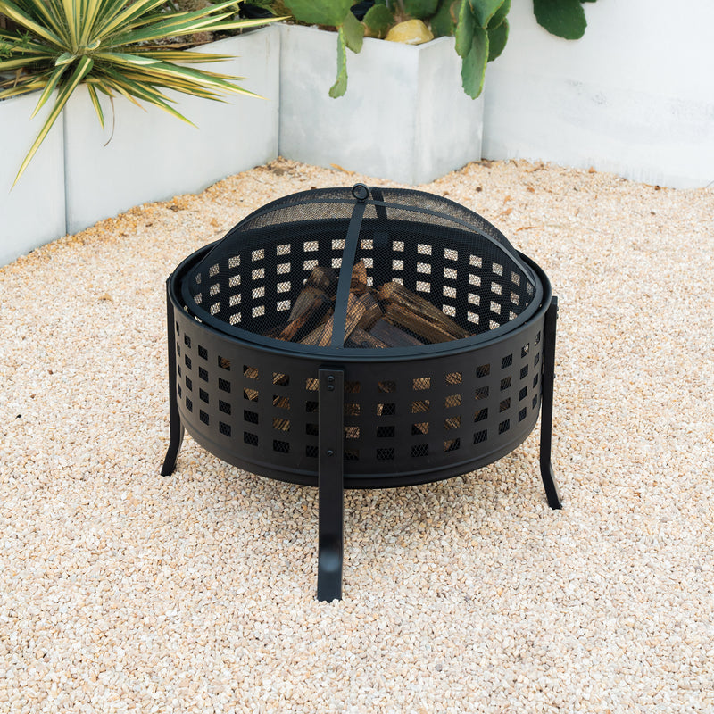 Deko Living - 27 Inch Round Outdoor Steel Wood Burning Fire Pit with Cooking Grill and Spark Screen
