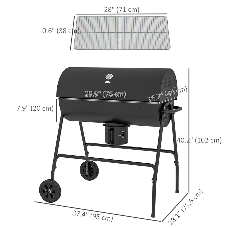 Outsunny - Barrel Charcoal BBQ Smoker, Barbecue with 420 sq.in. Cooking Area, Wheels, Ash Catcher, Black