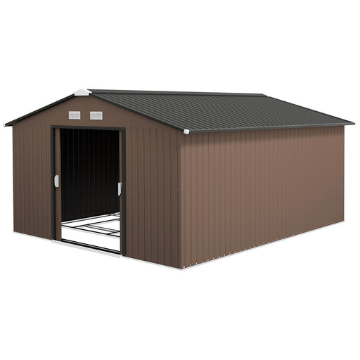 11' x 13' Outdoor Metal Storage Shed Large Tool House with Weatherproof Construction, Vent, Foundation Kit, Brown