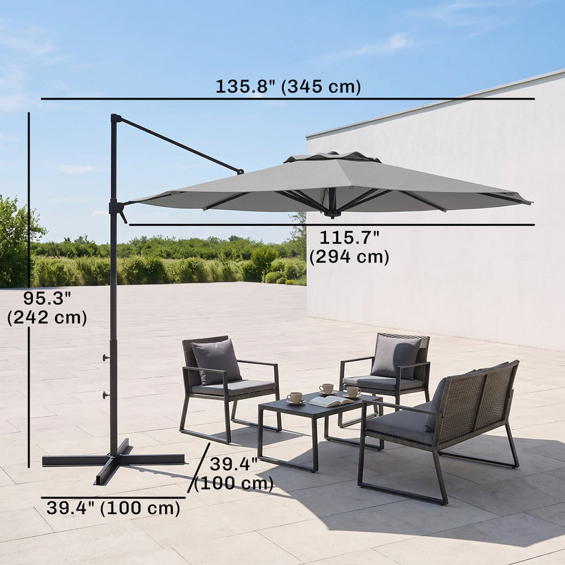 Outsunny - 10 FT Cantilever Umbrella, Aluminum Hanging Offset Umbrella with 360° Rotation, Crank, Tilt, Cross Base, Grey — 84D-321V00CG
