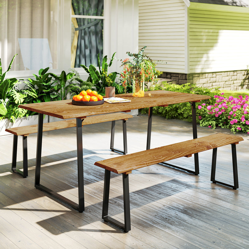 Outsunny - Picnic Table and Bench Set for 6 Persons with 2" Umbrella Hole, Slatted Top & Steel Frame, for Party, BBQ, Patio, Lawn