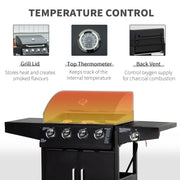 Outsunny - 4+1 Burner Liquid Propane Gas Grill Outdoor Cabinet Style BBQ Trolley w/ Side Burner, Warming Rack, Side Shelf, Storage Cabinet, Thermometer, 4 Wheels, Carbon Steel, Black