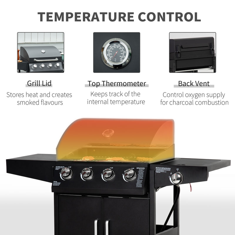 Outsunny - 4+1 Burner Liquid Propane Gas Grill Outdoor Cabinet Style BBQ Trolley w/ Side Burner, Warming Rack, Side Shelf, Storage Cabinet, Thermometer, 4 Wheels, Carbon Steel, Black
