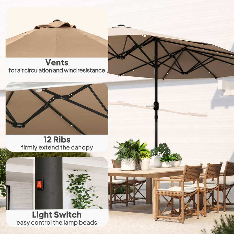 Outsunny - 174" Double-Sided Sun Umbrella Garden Parasol Patio Sun Shade Outdoor with LED Solar Light, Khaki — 84D-106CF