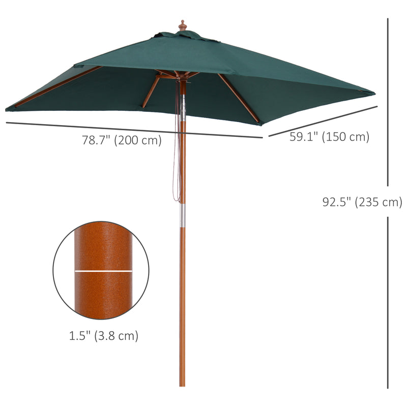 Outsunny - 6.6x5ft Square Market Parasol, Wooden Patio Umbrella with Tilt Mechanism and 6 Bamboo Ribs, Garden Sunshade, Green — 84D-017GN