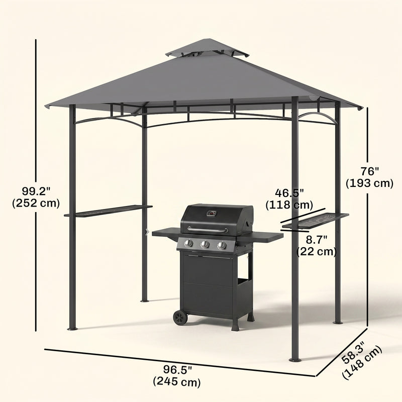 Outsunny - 8' x 5' BBQ Grill Gazebo Tent with Double Tiered Canopy for Outdoor Sun Shade, Grey