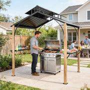 Outsunny - 8 x 6ft Hardtop Grill Gazebo, BBQ Gazebo with Metal Double Roof, Outdoor Grill Canopy with Wood-Grain Aluminum Frame