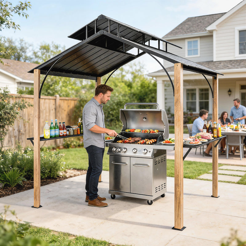 Outsunny - 8 x 6ft Hardtop Grill Gazebo, BBQ Gazebo with Metal Double Roof, Outdoor Grill Canopy with Wood-Grain Aluminum Frame
