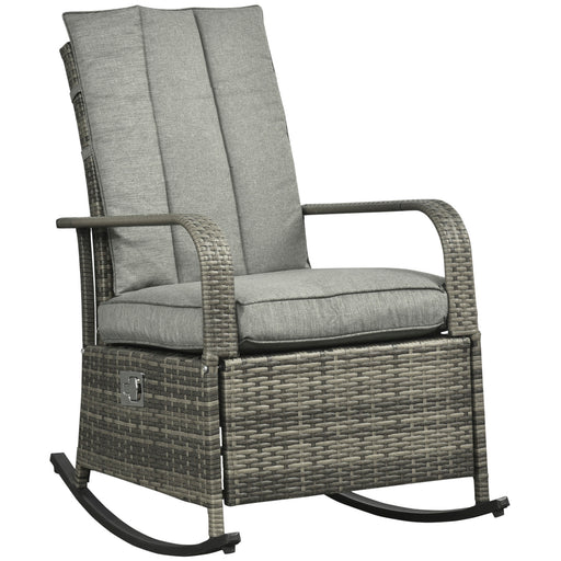 Outsunny - Outdoor Wicker Rocking Chair with Cushion, Patio PE Rattan Recliner Chair with Adjustable Footrest, Armrests, Mixed Grey