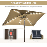 6.5x10ft Patio Umbrella Rectangle Solar Powered Tilt Aluminum Outdoor Market Parasol with LEDs Crank (Light Coffee)