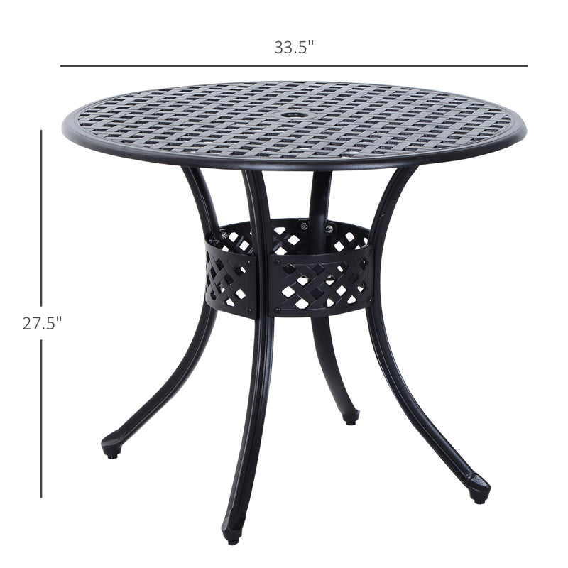 Outsunny - 33-Inch Roud Patio Dining Table with Umbrella Hole, Cast Aluminum Garden Table, All Weather Patio Bisto Table, for Lawn, Garden, Outside, Black