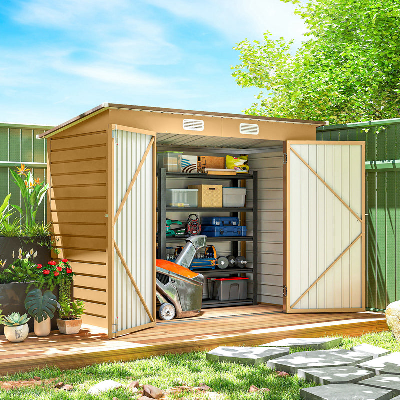 8 x 4FT Galvanized Garden Storage Shed, Metal Outdoor Shed with Double Doors and 2 Vents, Yellow