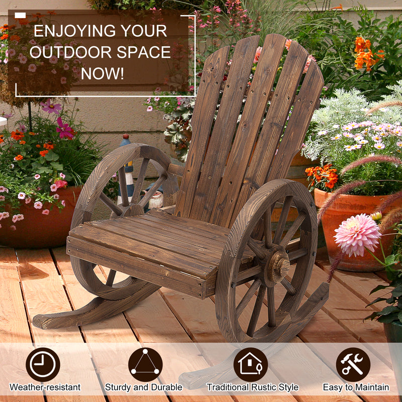 Outsunny - Patio Wooden Rocking Chair, Wagon Outdoor Rocker Chair with Slatted Design and Wheel Armrests for Garden, Carbonized