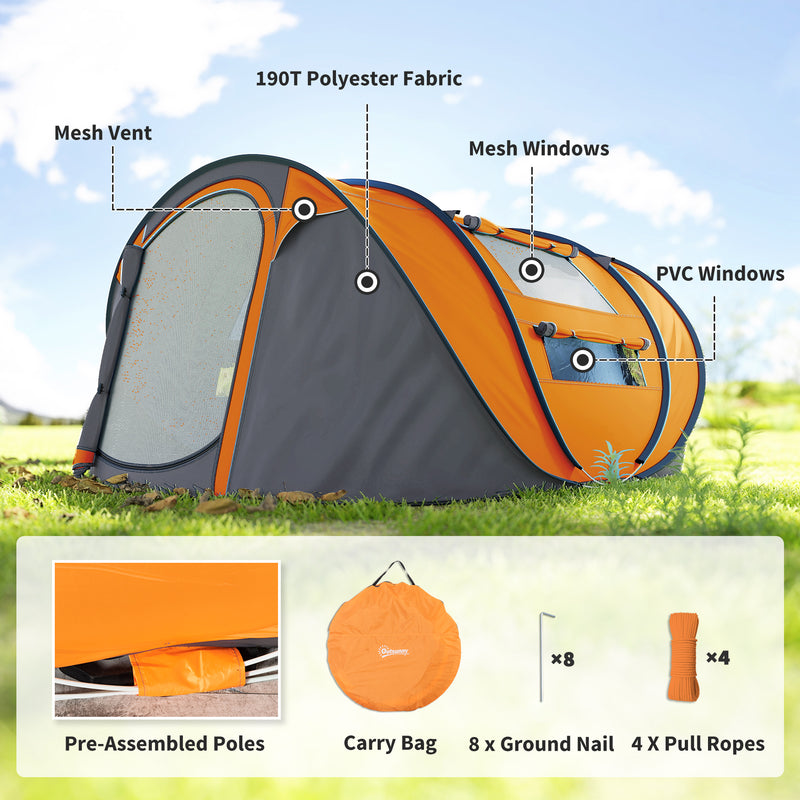 Outsunny - 4 Person Camping Tent, Easy Pop Up Tent with Doors, Windows and Carry Bag, Automatic Setup Tent for Hiking, Orange