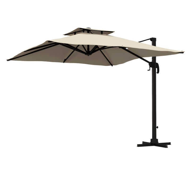 Outsunny - 10ft Square Cantilever Patio Umbrella, 360° Rotating Overhanging Umbrella with Cross Base, Crank Handle, Khaki