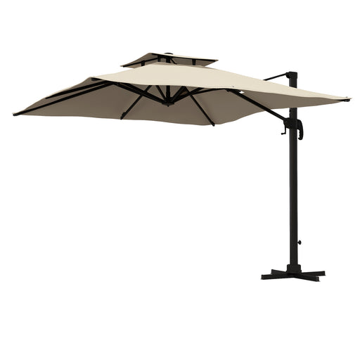 Outsunny - 10ft Square Cantilever Patio Umbrella, 360° Rotating Overhanging Umbrella with Cross Base, Crank Handle, Khaki