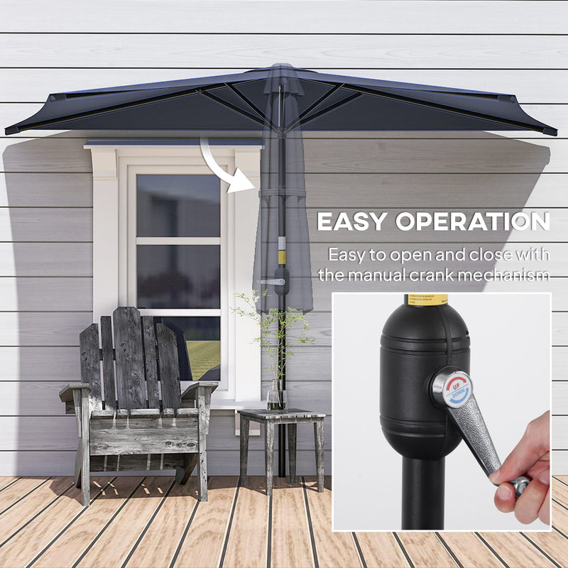Outsunny - 9.8ft Half Umbrella Semi Round Patio Parasol with Crank Handle, Top Vent for Garden, Balcony - NO BASE INCLUDED, Dark Blue — 84D-008V00DB