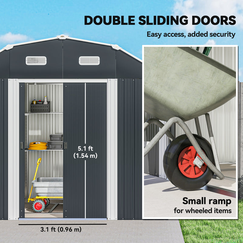 8' x 4' Galvanized Outdoor Storage Shed, Garden Shed with Adjustable Shelves, Double Sliding Doors and Vents