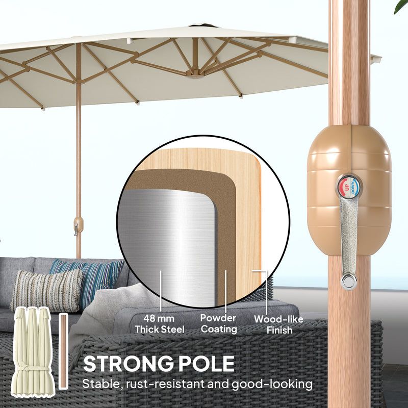 Outsunny - 15 ft Double-Sided Patio Umbrella with Twin Canopy, UPF30+ Extra Large Rectangular Market Umbrella with Crank, Beige — 84D-344V00BG