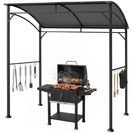 Outsunny - 7' x 5' Garden Grill Canopy, BBQ Grill Gazebo Tent with Steel Frame and Hooks, Outdoor Sun Shade, Charcoal Grey