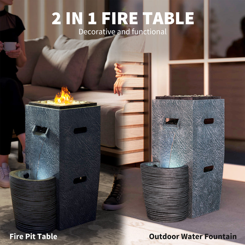 Outsunny - 16.5" x 11" x 22.4" Propane Fire Pit Table with Fountain, 15000 BTU Outdoor Gas Fire Table with LED Light Adjustable Water Flow, Fire Fountain Water with Glass Rocks, Grey