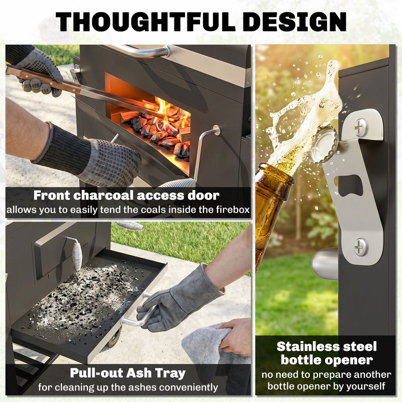 Outsunny - BBQ Trolley Charcoal Grill Portable Stainless Steel Barbecue Tool Kits w/ Wheels Side Shelf for Camping Hiking Picnic
