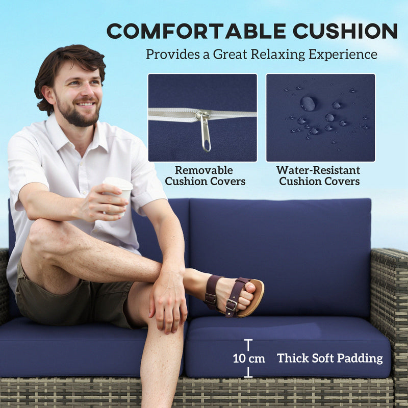 Outsunny - Wicker Outdoor Sofa, All Weather Patio Couch Loveseat with Cushions for Balcony, Deck, Garden, Poolside, Dark Blue
