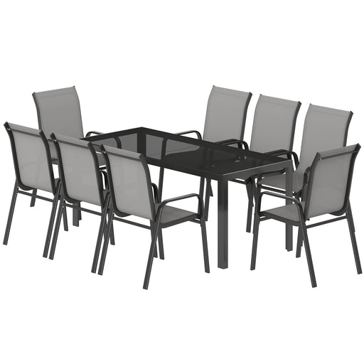 Outsunny - 9 Pieces Patio Set with Stackable Chairs, Patio Dining Set with Glass Top for Garden, Patio, Backyard, Light Grey
