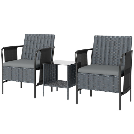 Outsunny - 3 Piece Wicker Patio Furniture Set, Outdoor Bistro Set, Side Pockets, Mesh Seat, 2 Tier Glass Table, Cushions, Black
