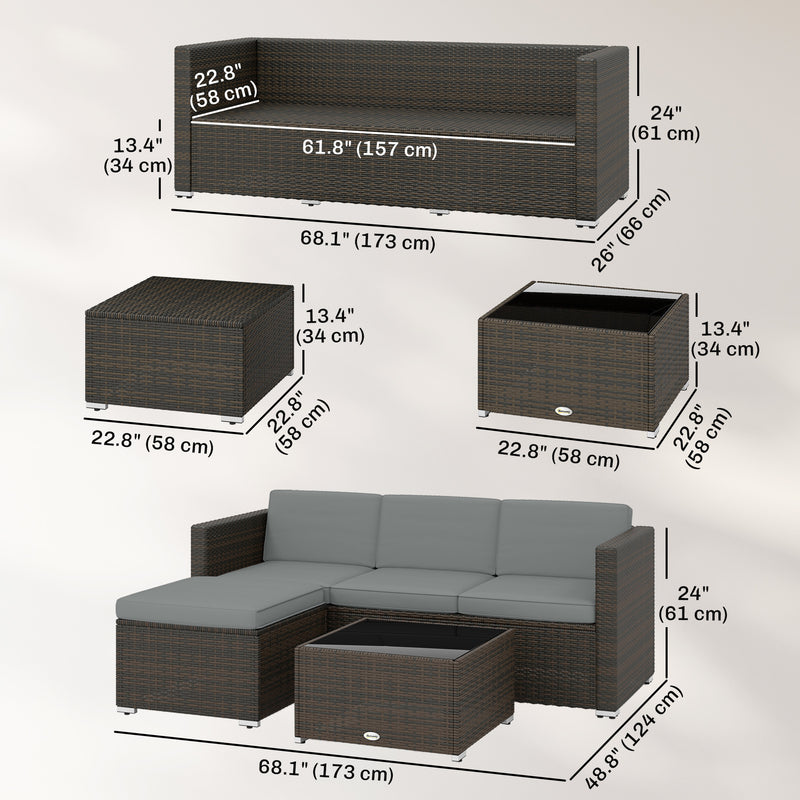 Outsunny - 3 Pieces Patio Furniture Set with Cushions, Outdoor PE Rattan Wicker Conversation Corner Sofa Set with Glass Top Table
