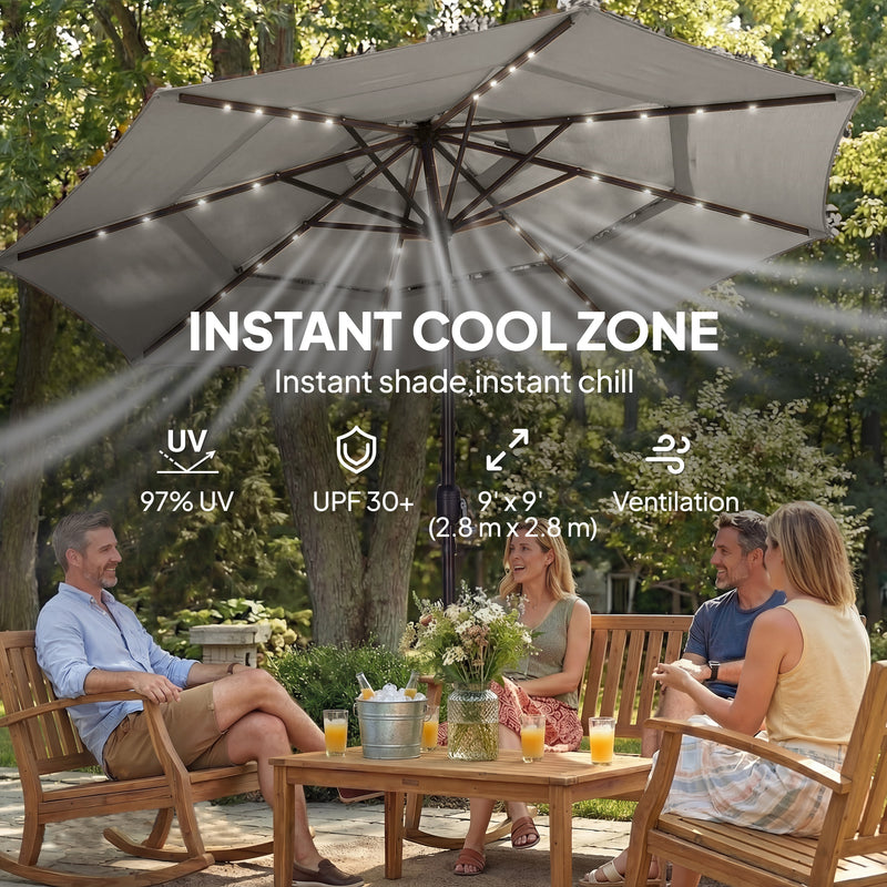 Outsunny - 9.3 ft Patio Umbrella with Solar LED Lights, Cover, 3 Tier Outdoor Market Table Parasol with Tilt, Crank, Grey — 84D-500V00GY