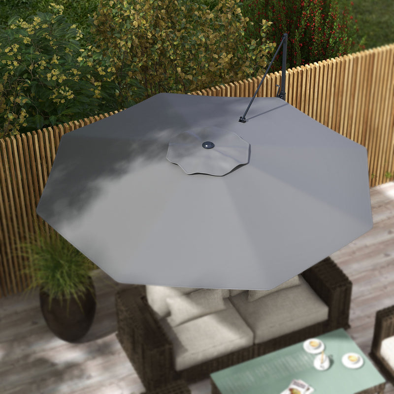 Outsunny - 10 FT Cantilever Umbrella, Aluminum Hanging Offset Umbrella with 360° Rotation, Crank, Tilt, Cross Base, Grey — 84D-321V00CG