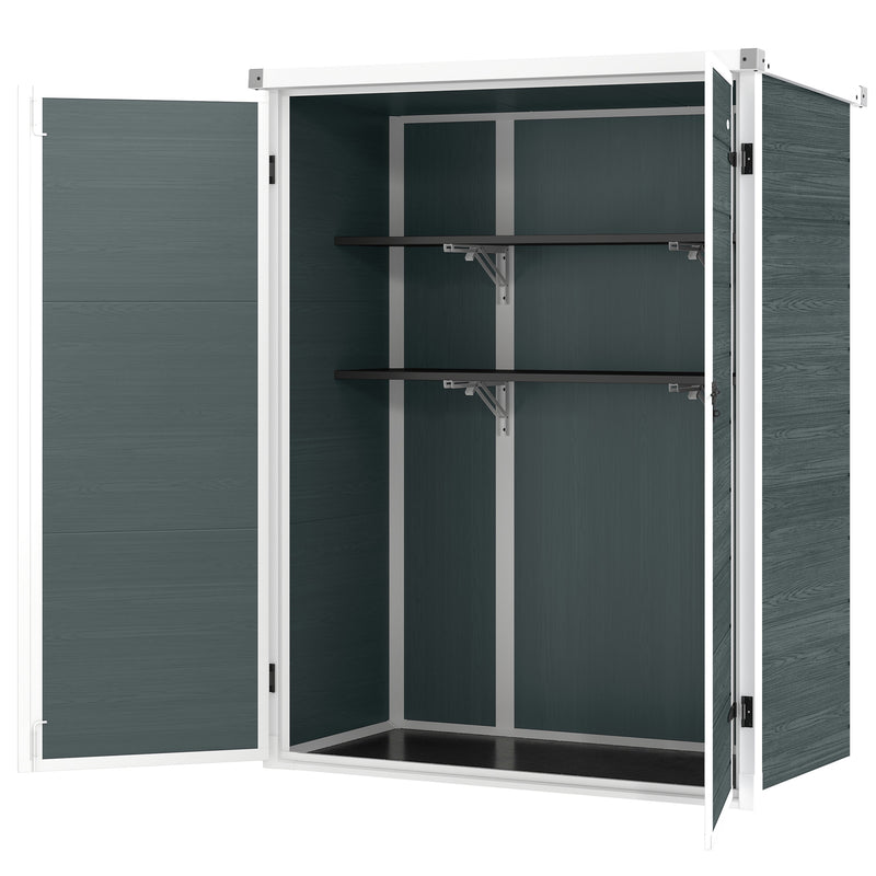 Outdoor 4.4' x 2.3' Plastic Storage Shed with Lockable Doors and Foldable Shelves, Wood-Effect Garden Shed, Grey
