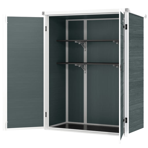 Outdoor 4.4' x 2.3' Plastic Storage Shed with Lockable Doors and Foldable Shelves, Wood-Effect Garden Shed, Grey