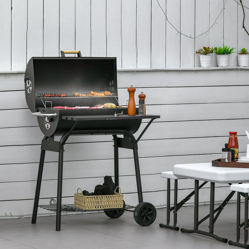 Outsunny - 30" Charcoal Barbecue Grill with Wheels Outdoor Barbecue with Adjustable Charcoal Rack, Storage Shelf, Wheel, for Garden Camping Picnic
