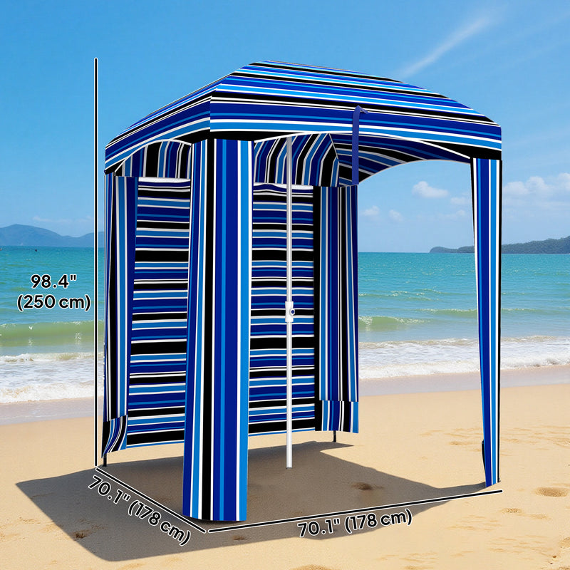 Outsunny - 70.1" L x 70.1" W Cabana Umbrella with Walls, Vents, Ruffles, Carry Bag, Beach Umbrella, Blue Stripe — 84D-307V00MX
