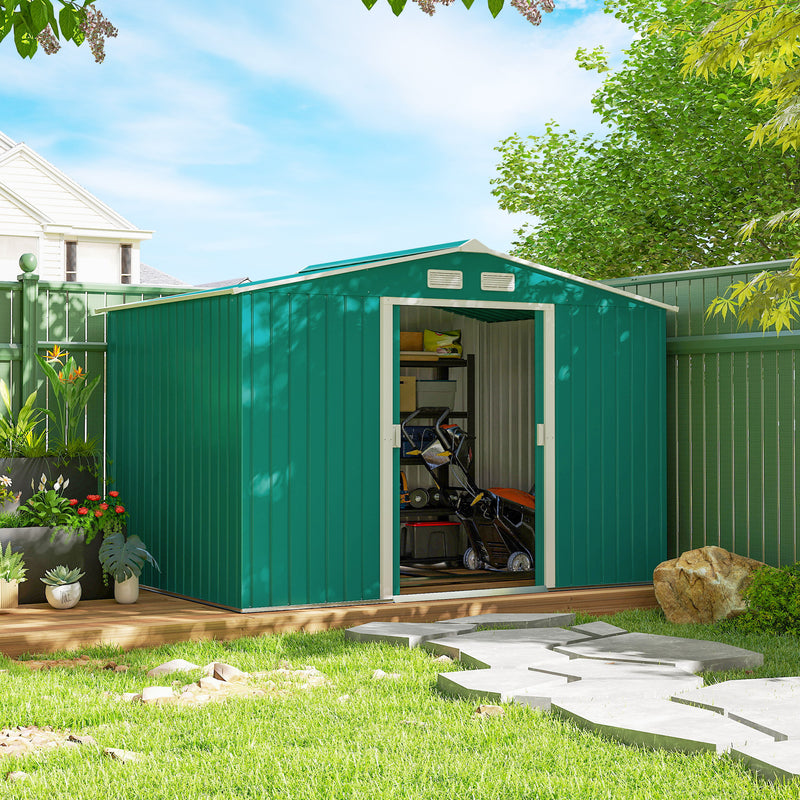 9.1' x 6.4' x 6.3' Garden Storage Shed w/ Foundation Kit Metal Tool Storage House w/ Double Doors Green